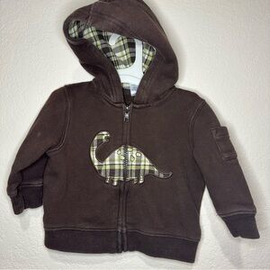 2009 Gymboree Dinosaur Zip up Hoodie. Green plaid.Pocket on Sleeve. 6-12 M.